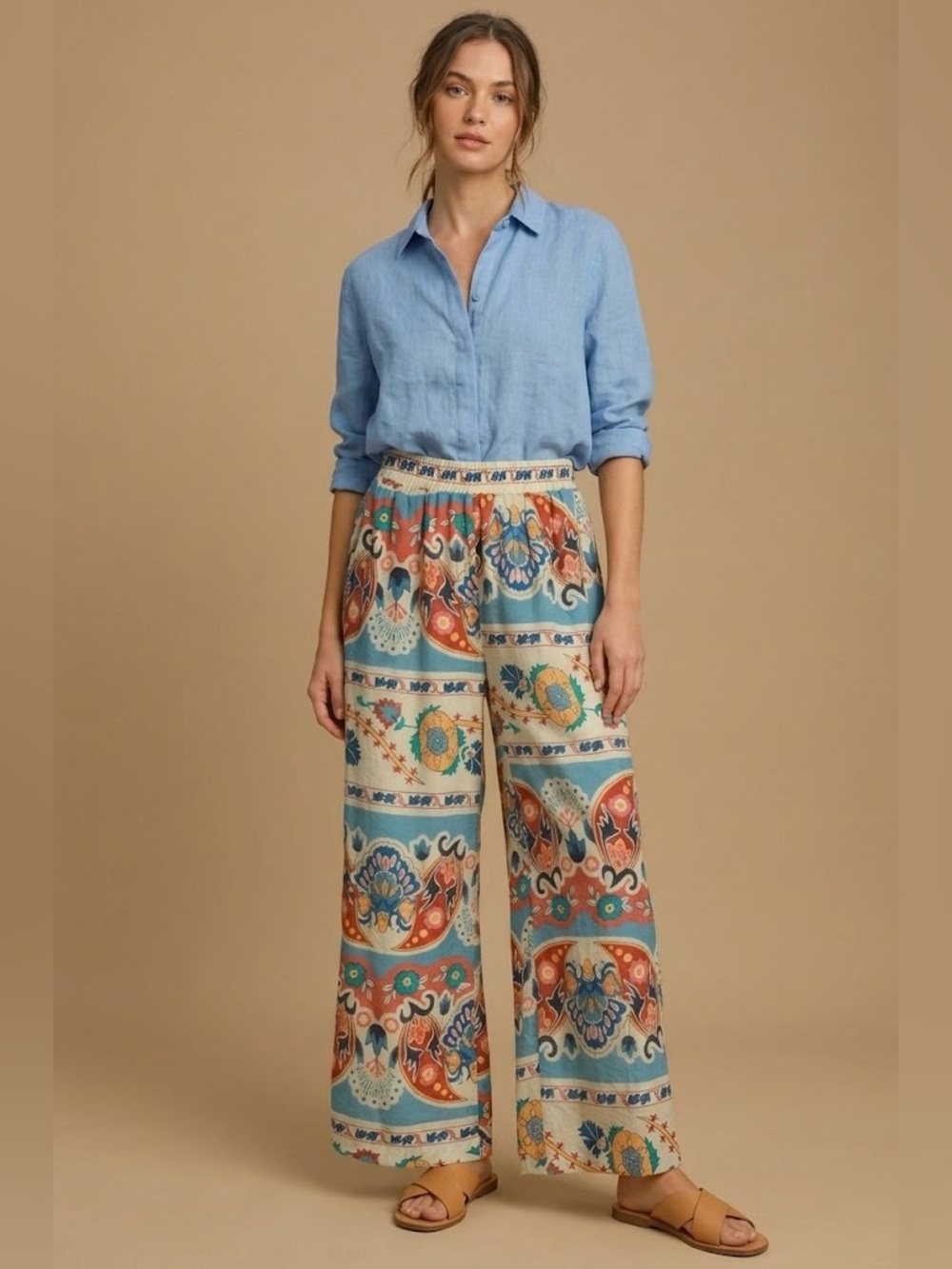 Umgee Wide Leg Border Print Pants Size Large NWT